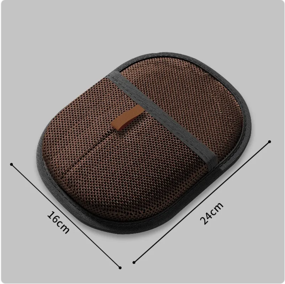 The pet grooming glove in dark brown, shown with its 24 by 16 cm dimensions