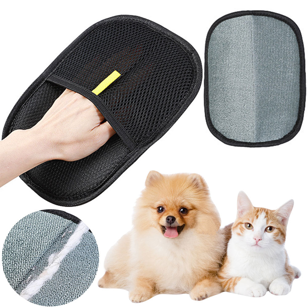 The pet grooming glove shown front and back, with a dog and a cat and a close view of collected hair