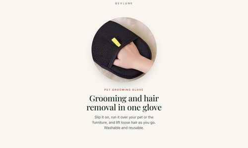 QEVLUNE pet grooming glove in black, worn on a hand — grooming and hair removal in one glove, washable and reusable