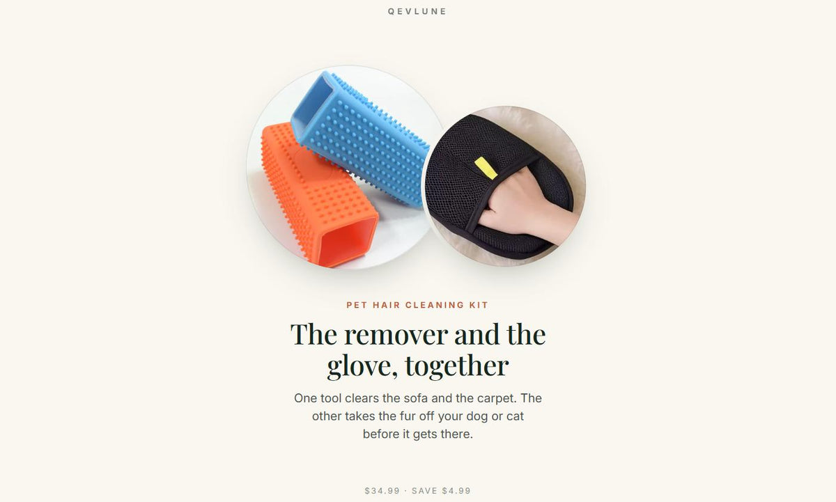 QEVLUNE Pet Hair Cleaning Kit — the reusable pet hair remover and the pet grooming glove shown together on a cream background
