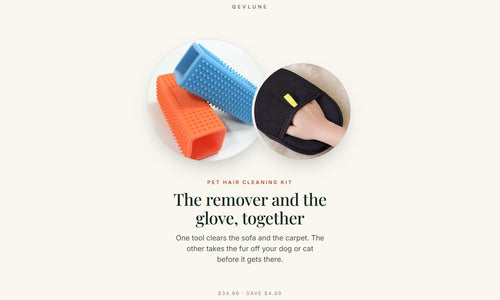 QEVLUNE Pet Hair Cleaning Kit — the reusable pet hair remover and the pet grooming glove shown together on a cream background