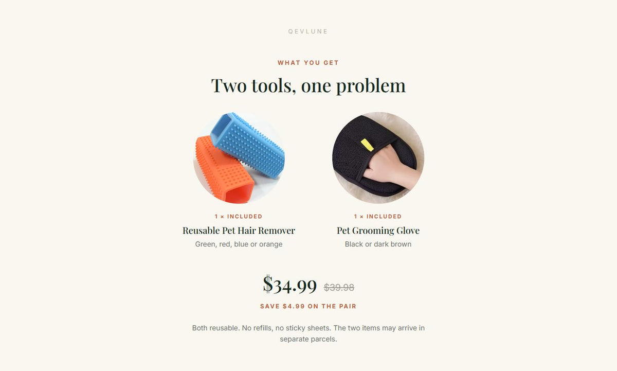 What you get in the QEVLUNE Pet Hair Cleaning Kit: one reusable pet hair remover in green, red, blue or orange, and one pet grooming glove in black or dark brown. $34.99 for the pair against $39.98 bought separately.