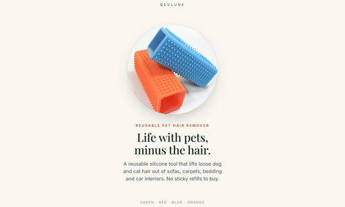 QEVLUNE reusable pet hair remover — blue and orange units shown together, with the raised silicone nubs and hollow open end visible