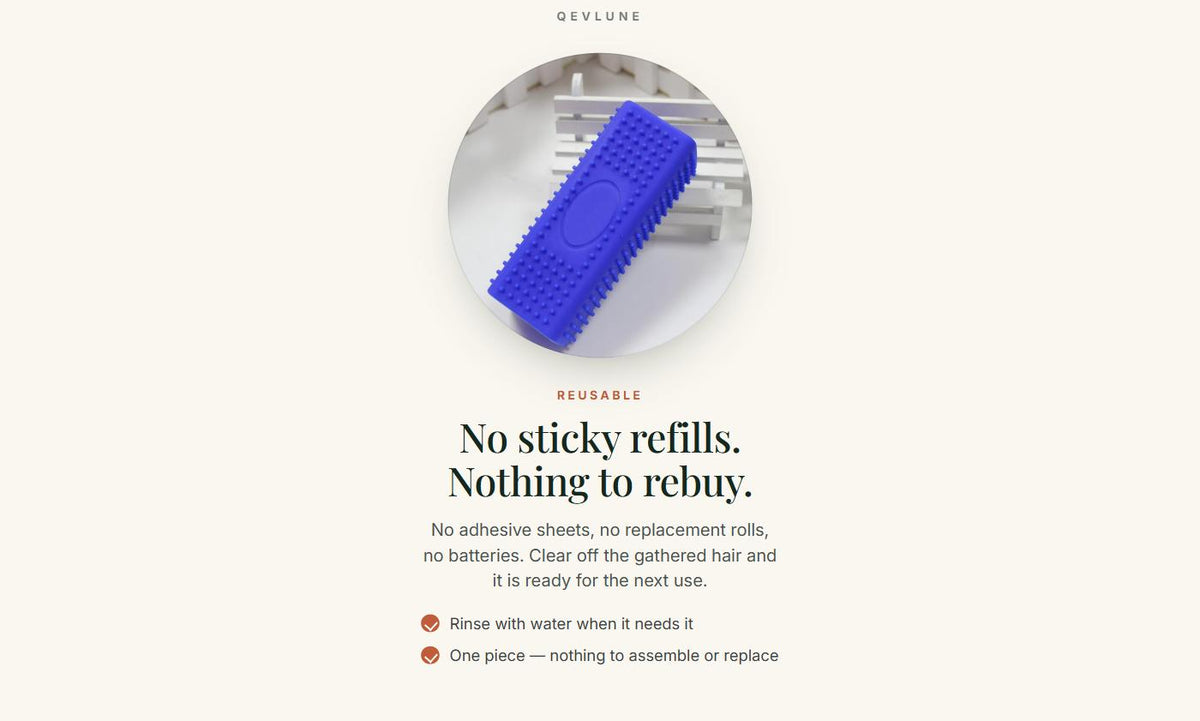 Reusable: no sticky refills, no replacement rolls, nothing to rebuy — shown with the blue remover