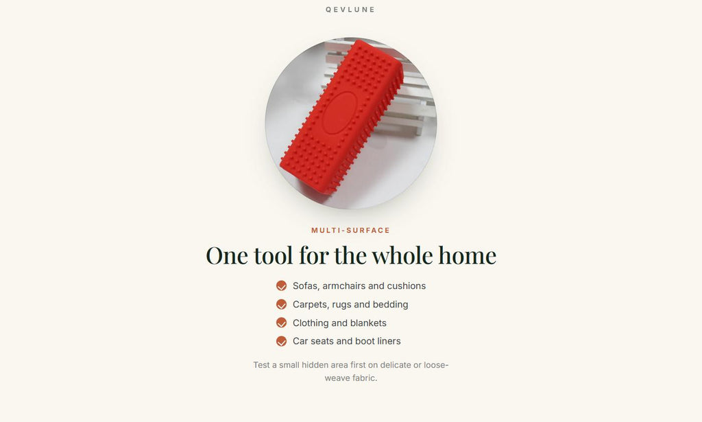 One tool for the whole home: sofas, carpets, bedding, clothing and car interiors — shown with the red remover