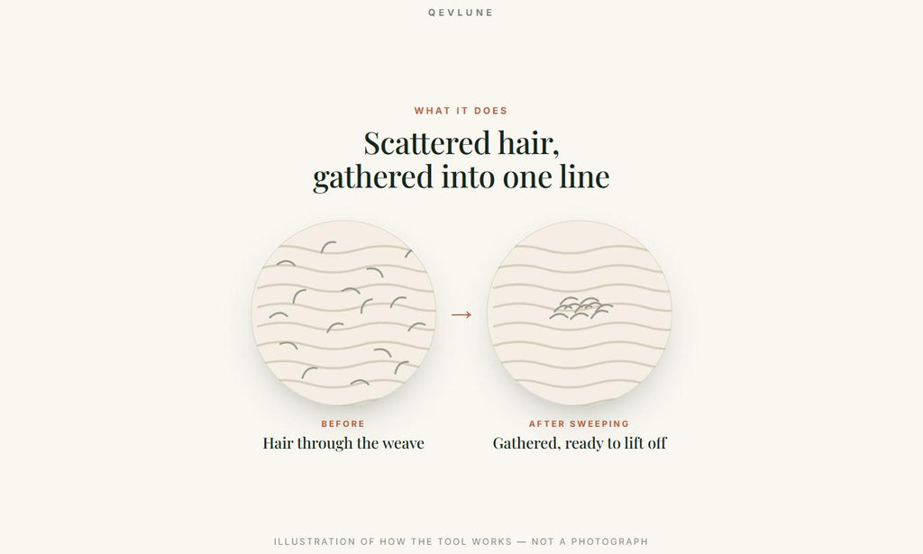 Illustration, not a photograph: hair scattered through the weave before sweeping, and gathered into one line afterwards