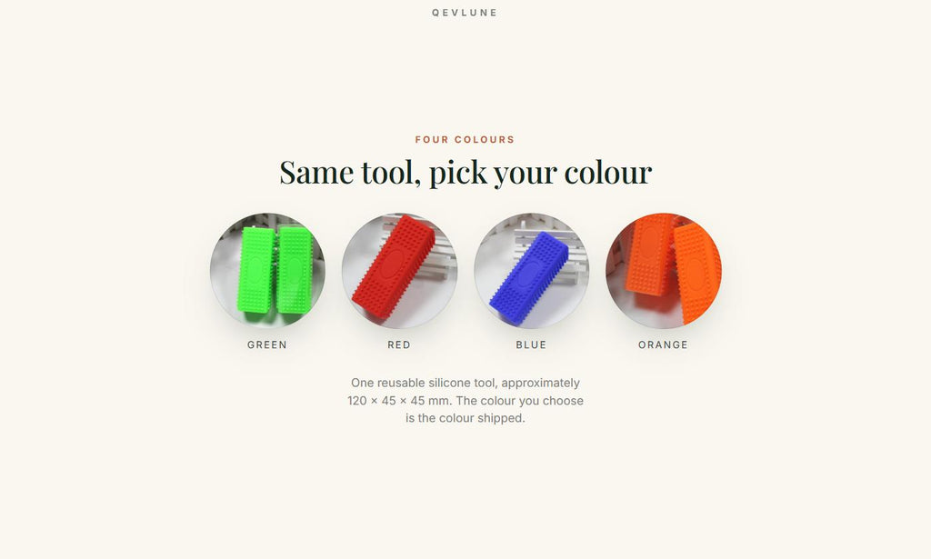The four available colors — green, red, blue and orange. One reusable silicone tool, approximately 4.7 x 1.8 x 1.8 in.